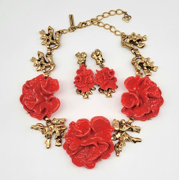 Oscar de la Renta Coral Flower + Branch Statement Jewelry Set Resin + Swarovskis - Picture 4 of 12